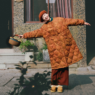 不蔓不枝【大地】长款印花羽绒衣桑蚕丝95白鸭绒加绒原创设计冬款