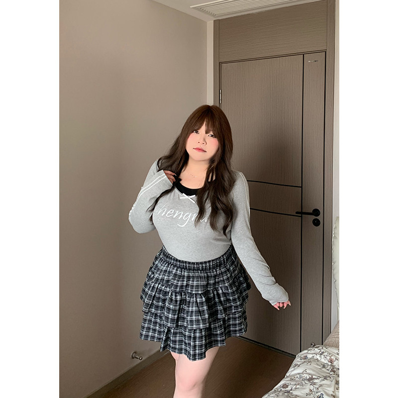 dese嘚瑟软糖大码格子半身裙春季新款胖mm气质荷叶边蛋糕裙短裙子