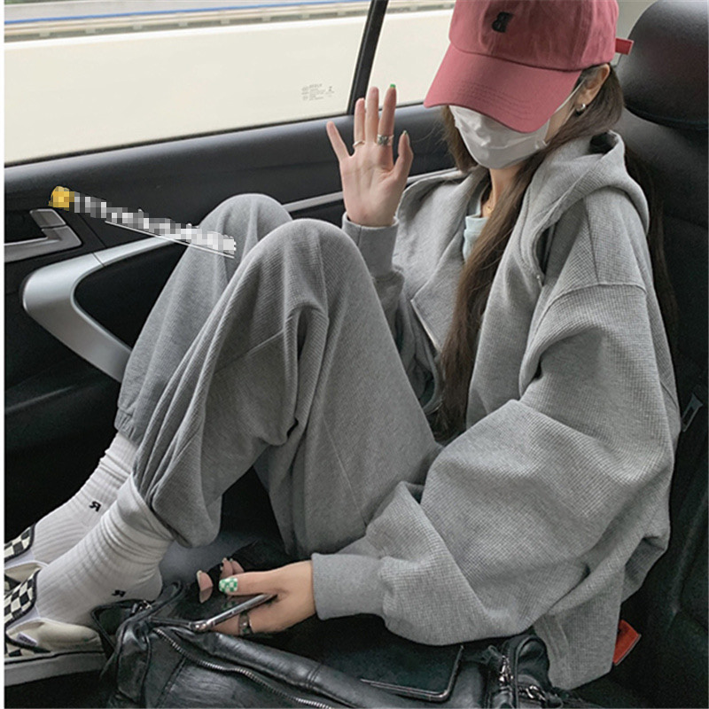 女装卫衣套装春秋季新款韩版宽松慵懒风华夫格休闲运动外套两件套