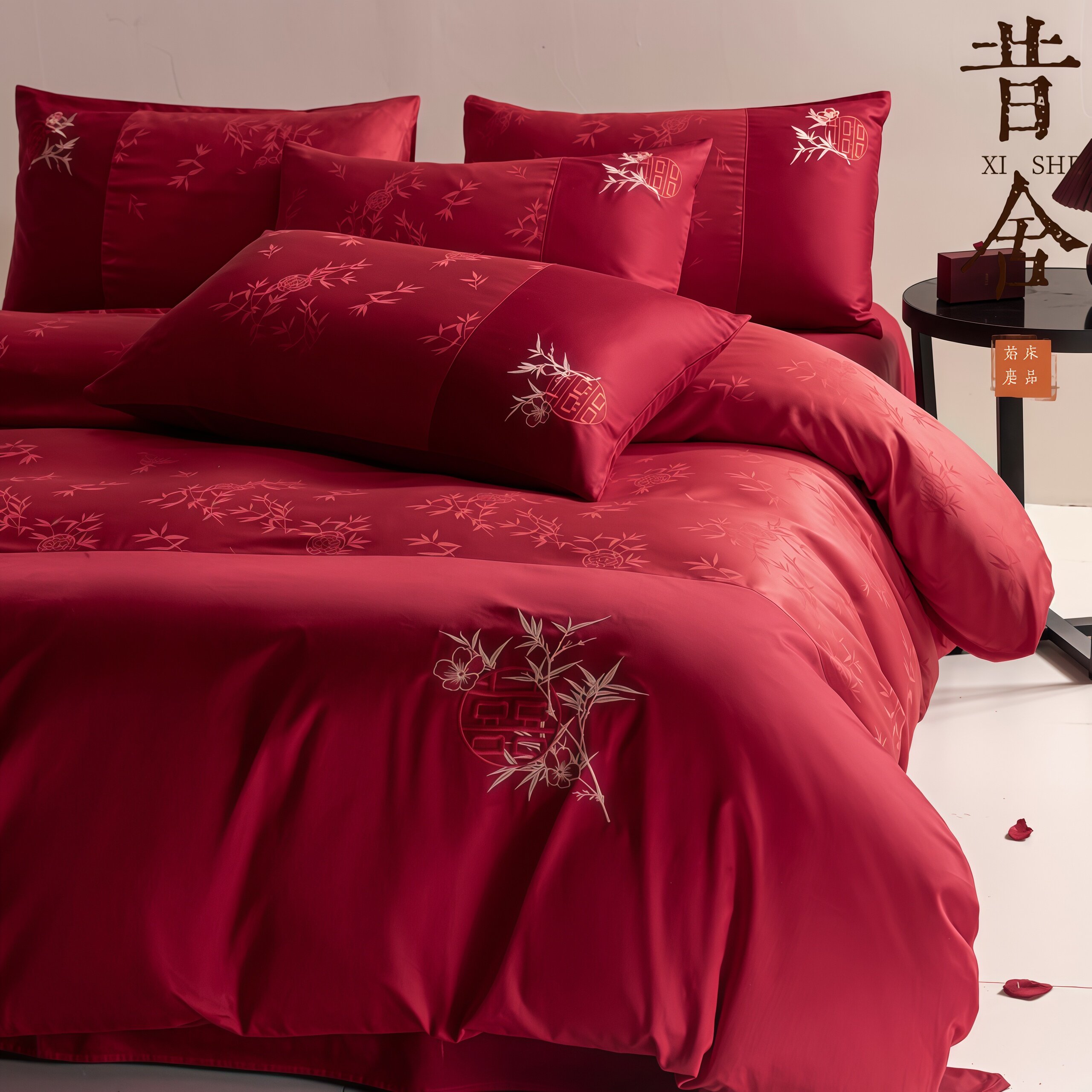 婚庆全棉100S长绒棉婚庆四件套刺绣喜竹红被套高端结婚床品套件四