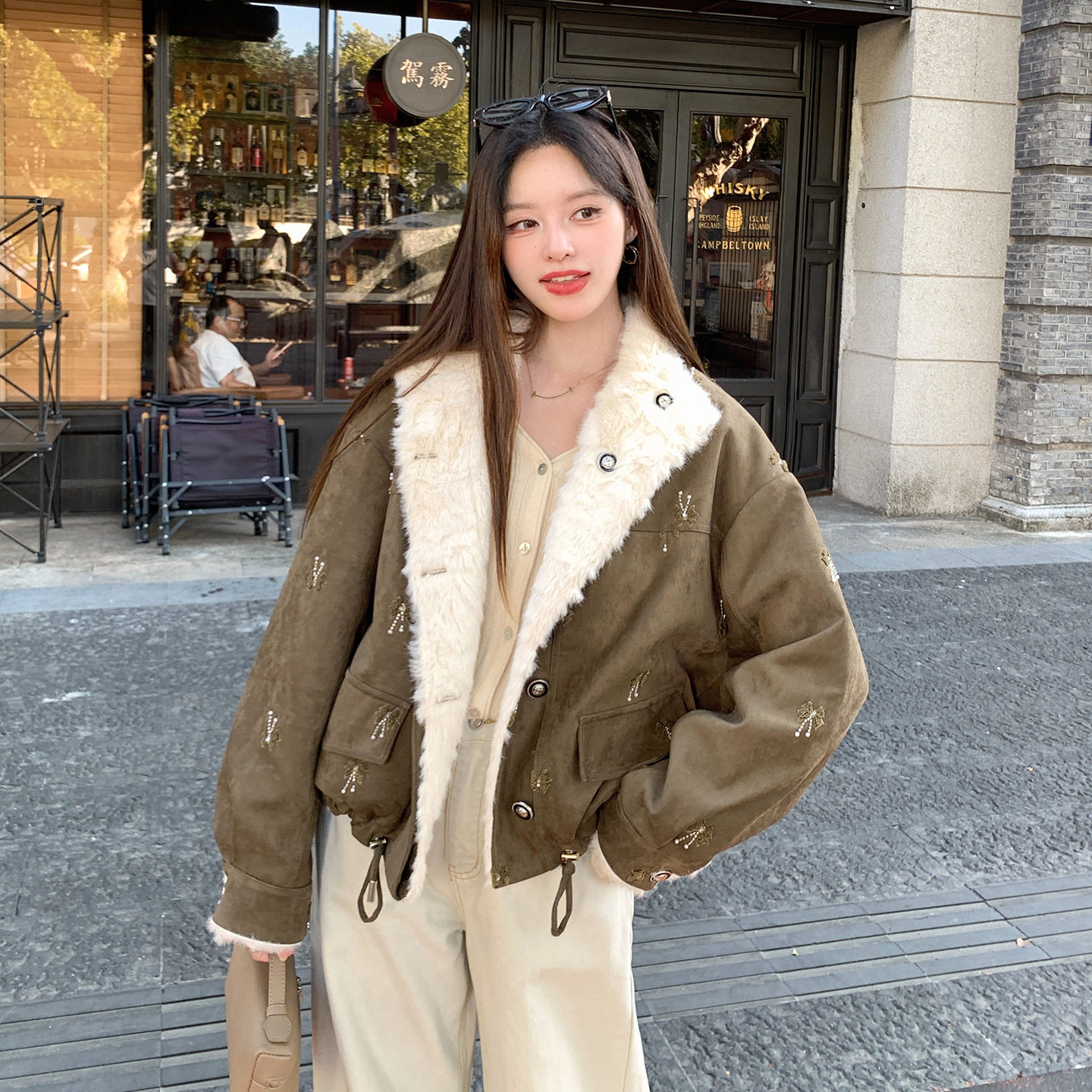 重工钉珠刺绣两面穿立领派克服皮毛一体麂皮绒外套仿皮草大衣女冬