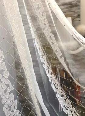 法式浪漫白色off withe 进口网纱手工镶钻唯美飘逸适合法式装修