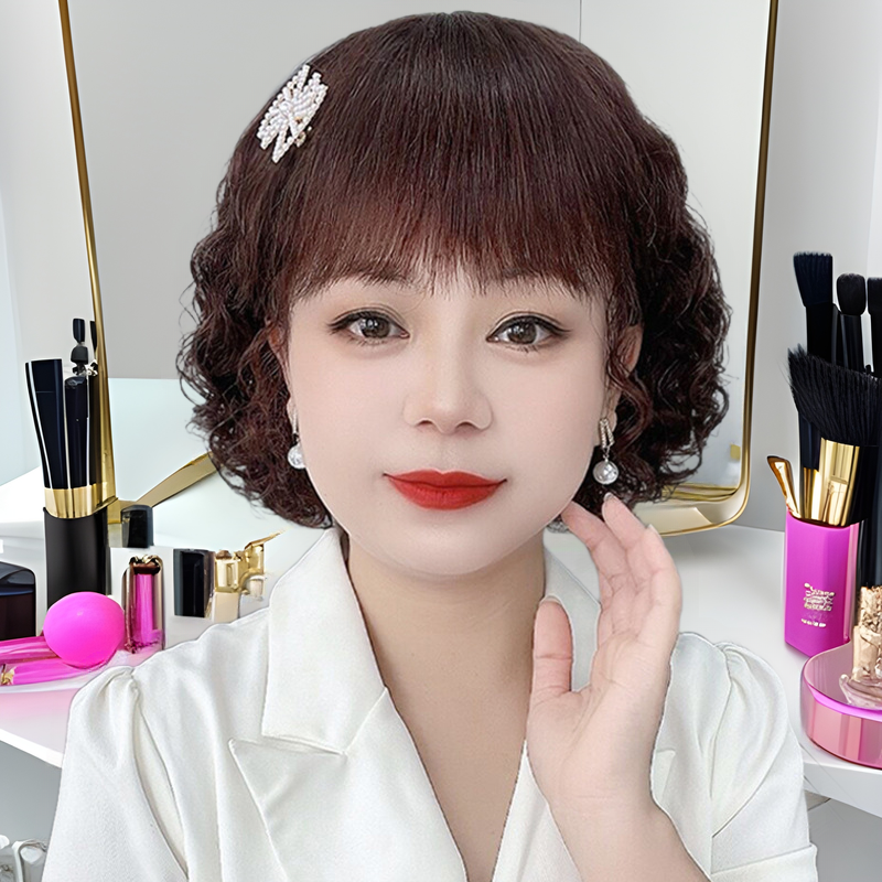 假发女短发真发全真人发妈妈短卷发中老年女士遮白发光头蓬松