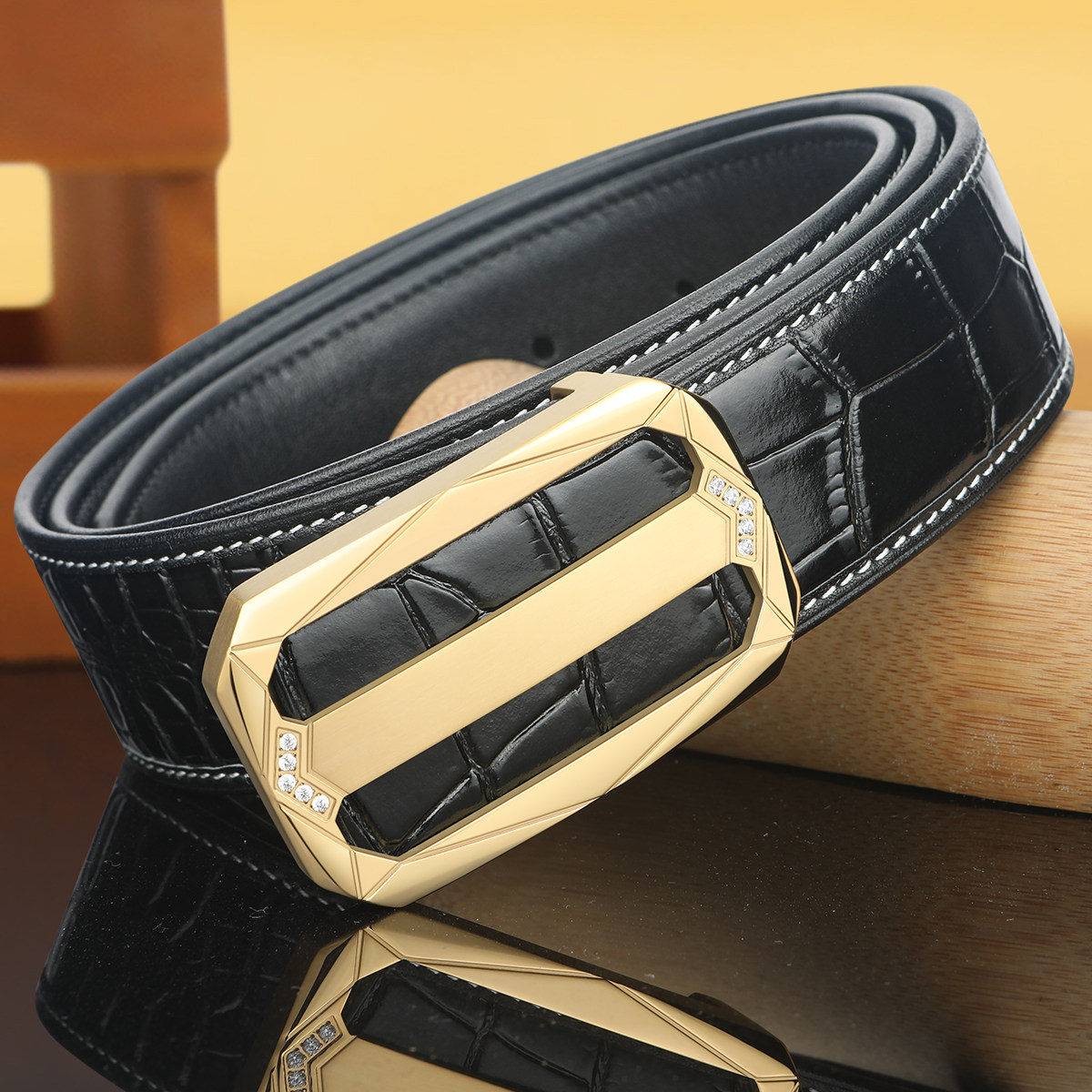 鳄鱼纹镶嵌水钻皮带男真皮平滑扣圆形日字扣真牛皮正品男士裤腰带