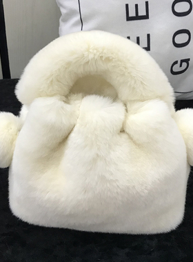 新款獭兔毛可爱手拎小水桶包毛绒毛毛包包纯色兔毛球秋冬皮草女包