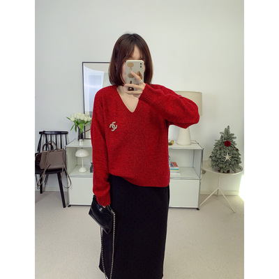 小禾家花纱气质V领软糯羊绒套头毛衣针织衫26早春新款【鸬鹚】