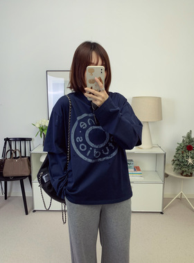 北欧ac风格午夜蓝纽扣系列假两件宽松长袖+字母短袖T恤25秋冬新款