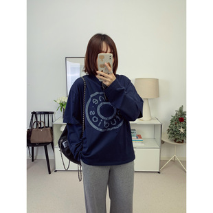 T恤25秋冬新款 字母短袖 午夜蓝纽扣系列假两件宽松长袖 北欧ac风格