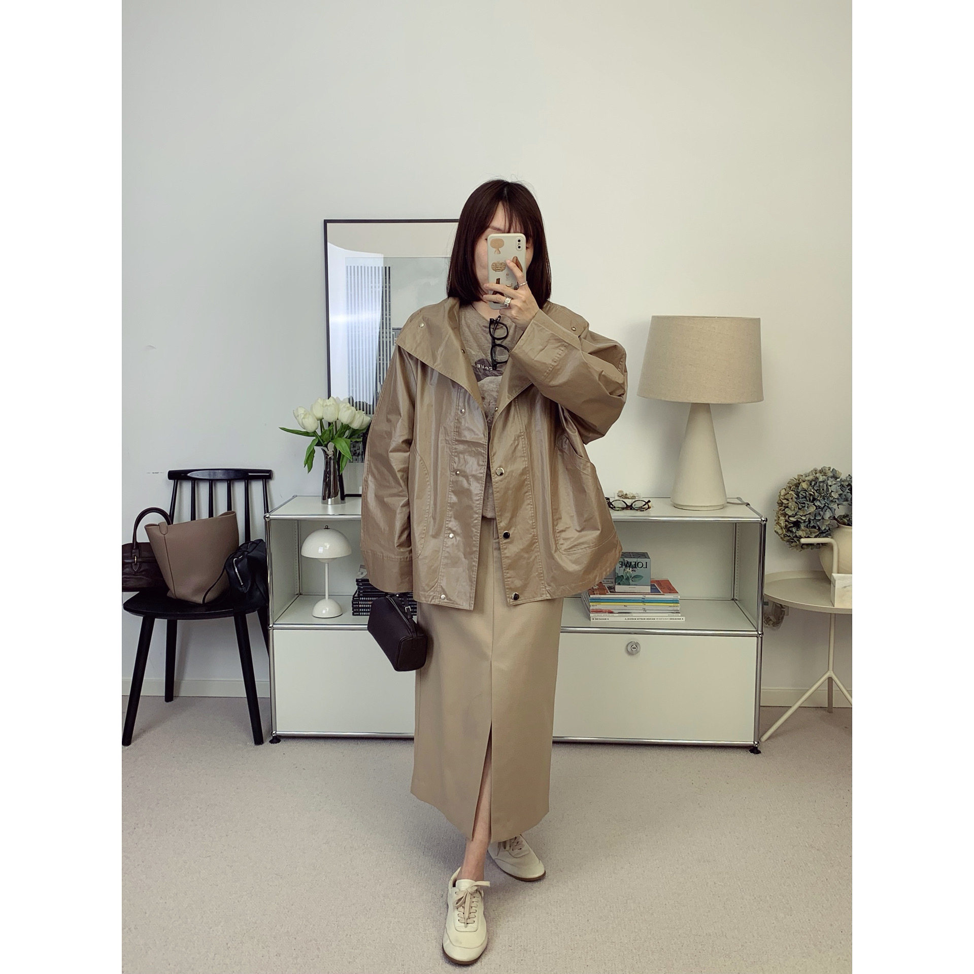 油蜡纸皮感极简风立领蝙蝠袖宽松A型风衣外套26春夏新款【鸬鹚】