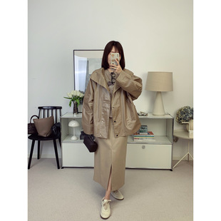油蜡纸皮感极简风立领蝙蝠袖宽松A型风衣外套26春夏新款【鸬鹚】