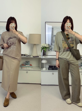 电影海报印花！花纱驼手提篮子+豆沙绿乡村汽车宽松短袖T恤 春夏