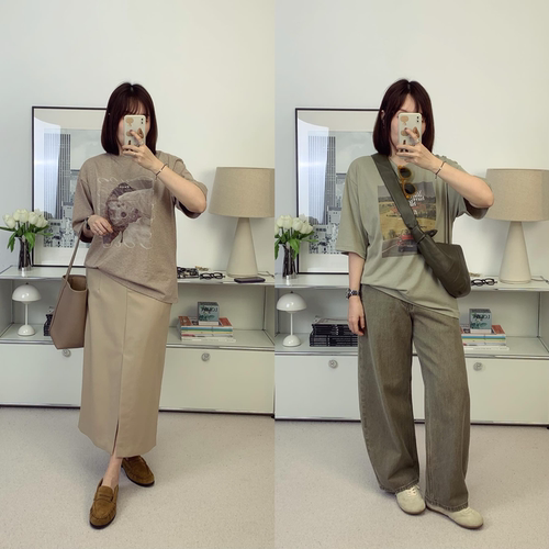 电影海报印花！花纱驼手提篮子+豆沙绿乡村汽车宽松短袖T恤 春夏