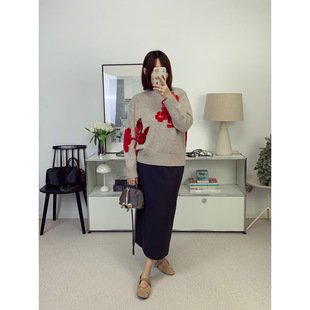 喜上眉梢绣花绵羊毛拼色提花圆领针织衫26春夏新款【鸬鹚】