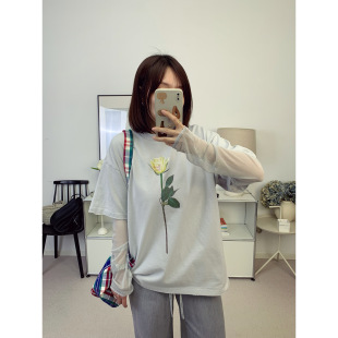 26春夏新款 T恤防晒衫 鸬鹚 复古玫瑰宽松假两件网纱长袖 北欧ac风格