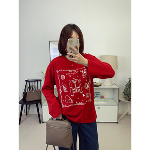 新年红！小众设计手绘星星宽松长袖T恤上衣25秋冬新款【鸬鹚】