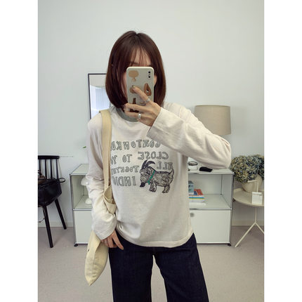 7折 45*R进口棉纱山羊趣味胶浆印花撞色圆领长袖T恤打底衫 25秋冬