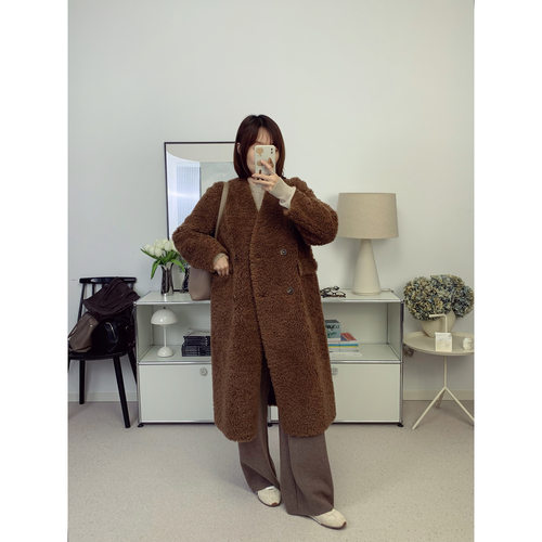 返场！北海道系列V领全羊毛皮毛一体羊羔毛中长款毛绒外套鸬鹚