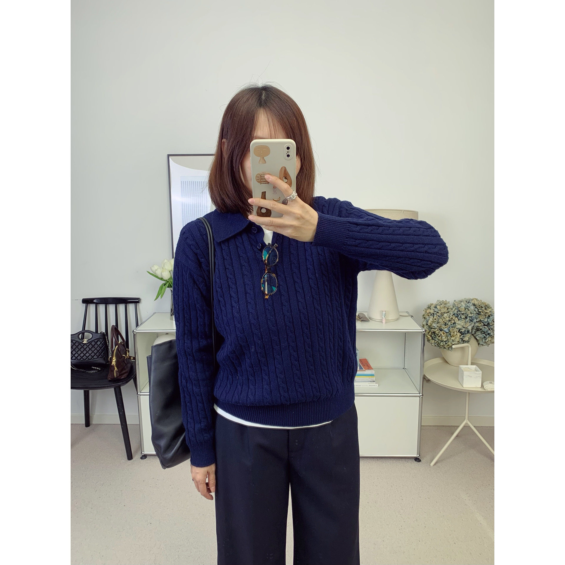 Miu风格polo领麻花编织羊毛针织衫毛衣上衣25秋冬新款【鸬鹚】