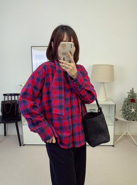 高圆圆同款ed色织红蓝格纹飘带领结气质百搭宽松衬衫26春夏新款