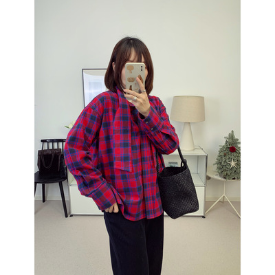 高圆圆同款ed色织红蓝格纹飘带领结气质百搭宽松衬衫26春夏新款