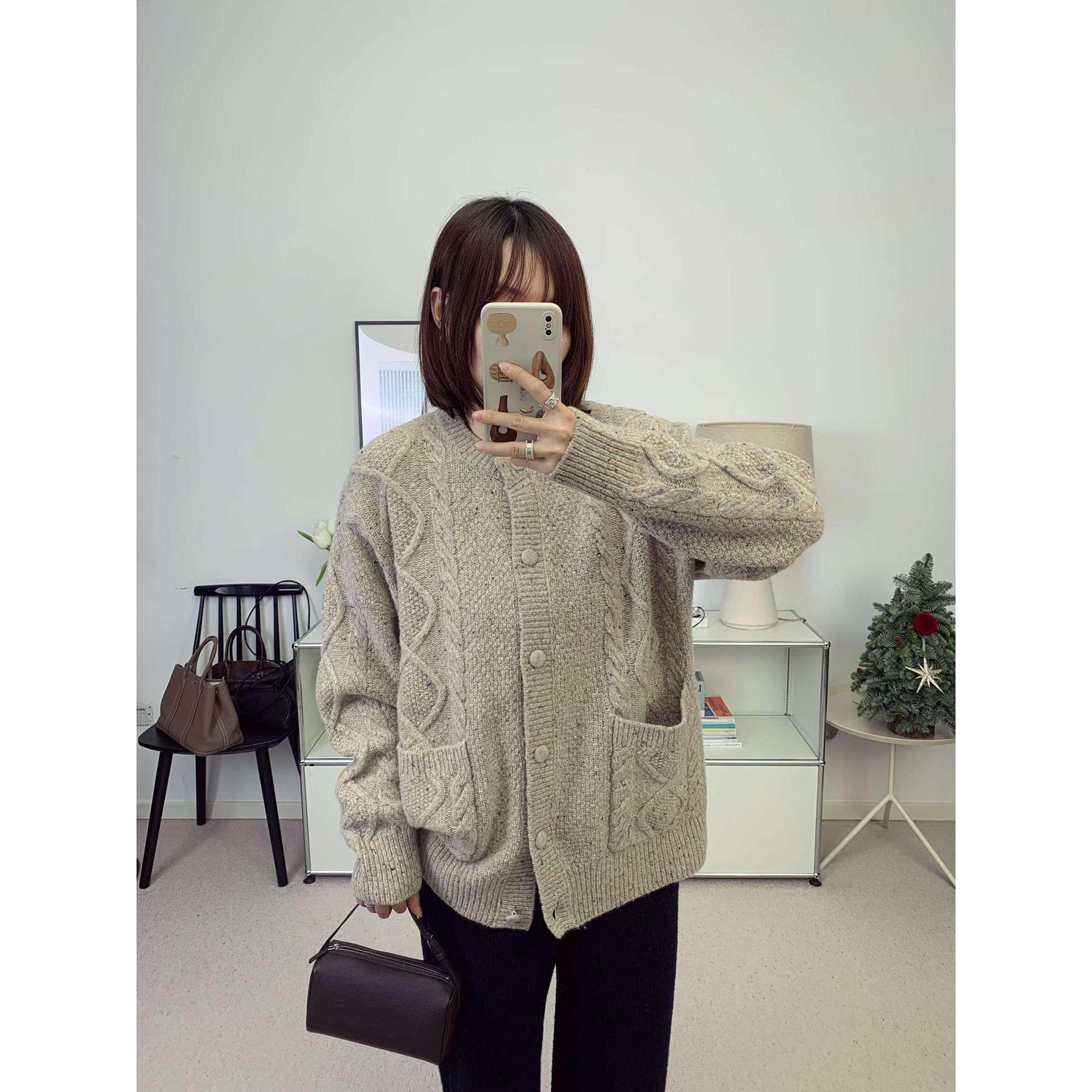 复古绞花羊驼毛混纺中长款针织开衫外套25秋冬新款【鸬鹚】