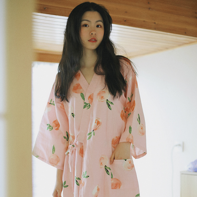 睡裙女春秋夏季纯棉薄款甜美家居服大码日系可爱水蜜桃和式服睡衣