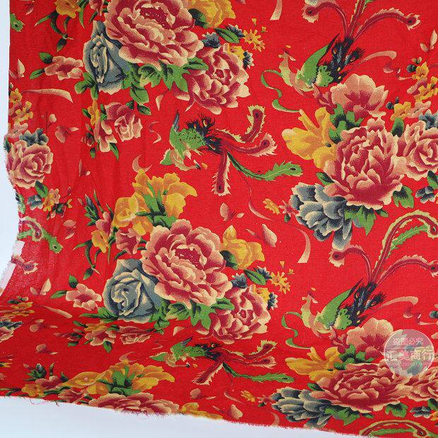 东北大花纯棉布料 民族风印花布凤凰牡丹服装装饰墙厚全棉麻布料