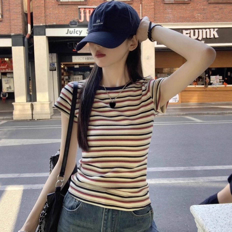 复古撞色条纹设计感时尚ins短袖T恤女夏修身显瘦打底上衣女小衫潮