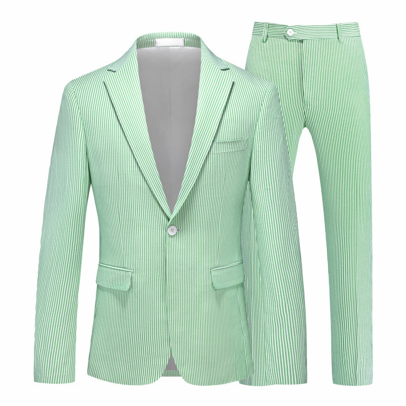 绿色条纹西装男韩版修身商务休闲正装西服裤子套装学生大码外套春