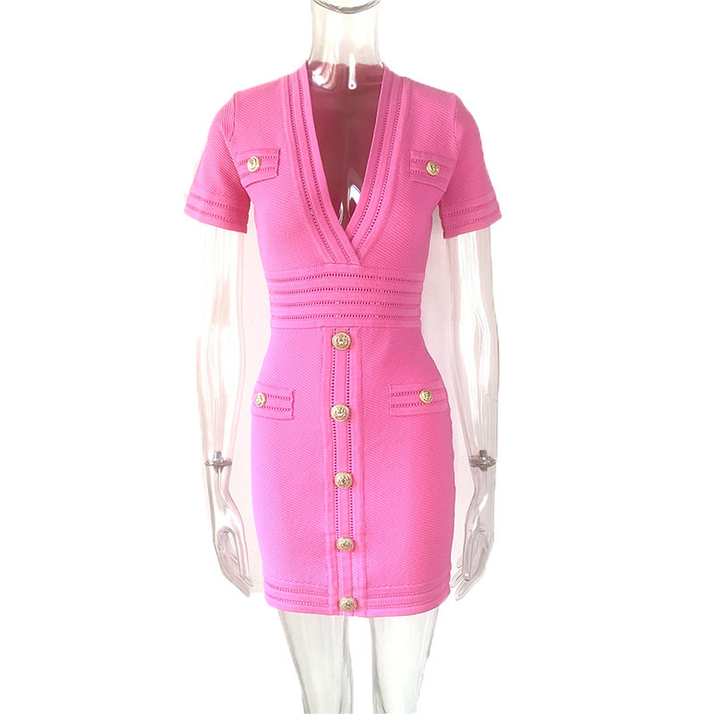 maSande夏季粉色街头潮人高腰短裙领铆钉扣包臀连衣裙热热销