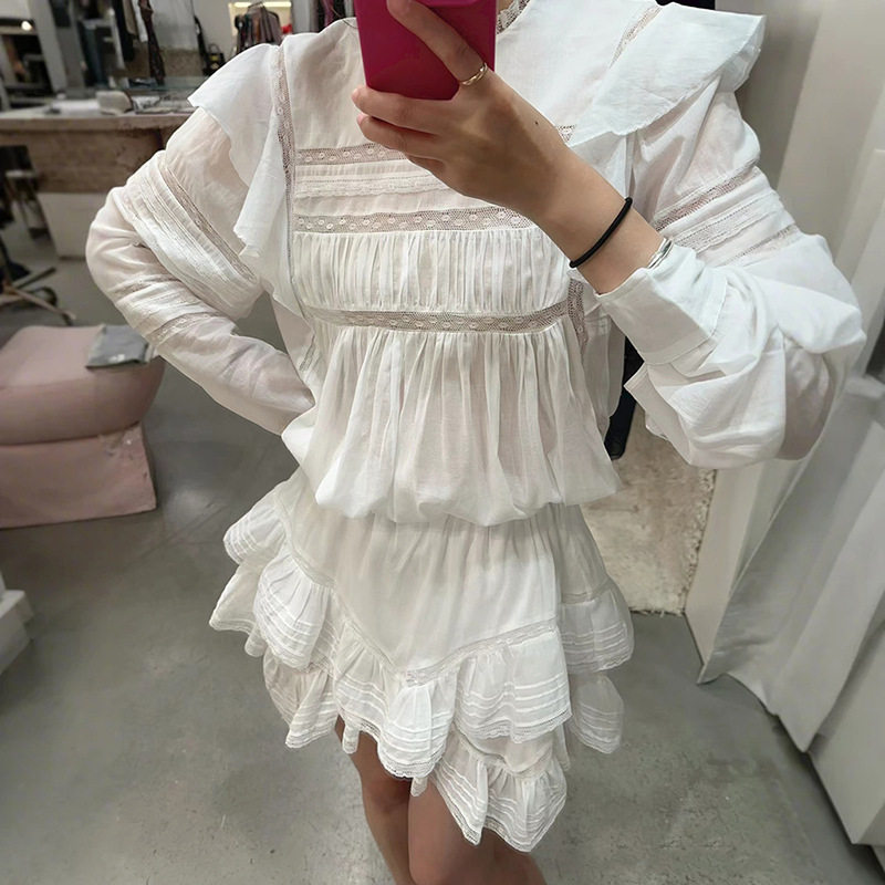 法式小众 早秋时尚蕾丝荷叶边纯色套头长袖罩衫裙裤套装