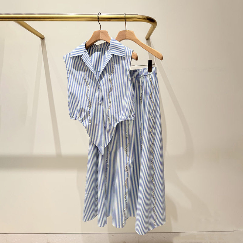 maSande法式小众春夏俏皮钻饰竖条系结收腰无袖衬衫版长裙套裙