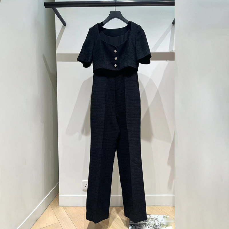法式小众 2023秋冬时尚轻奢方领金扣粗呢直筒裤假两件连体裤23630