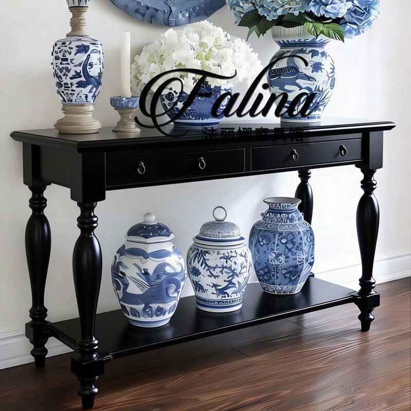 法式中古实木黑色玄关桌美式复古极窄玄关台条案客厅靠墙展示长桌