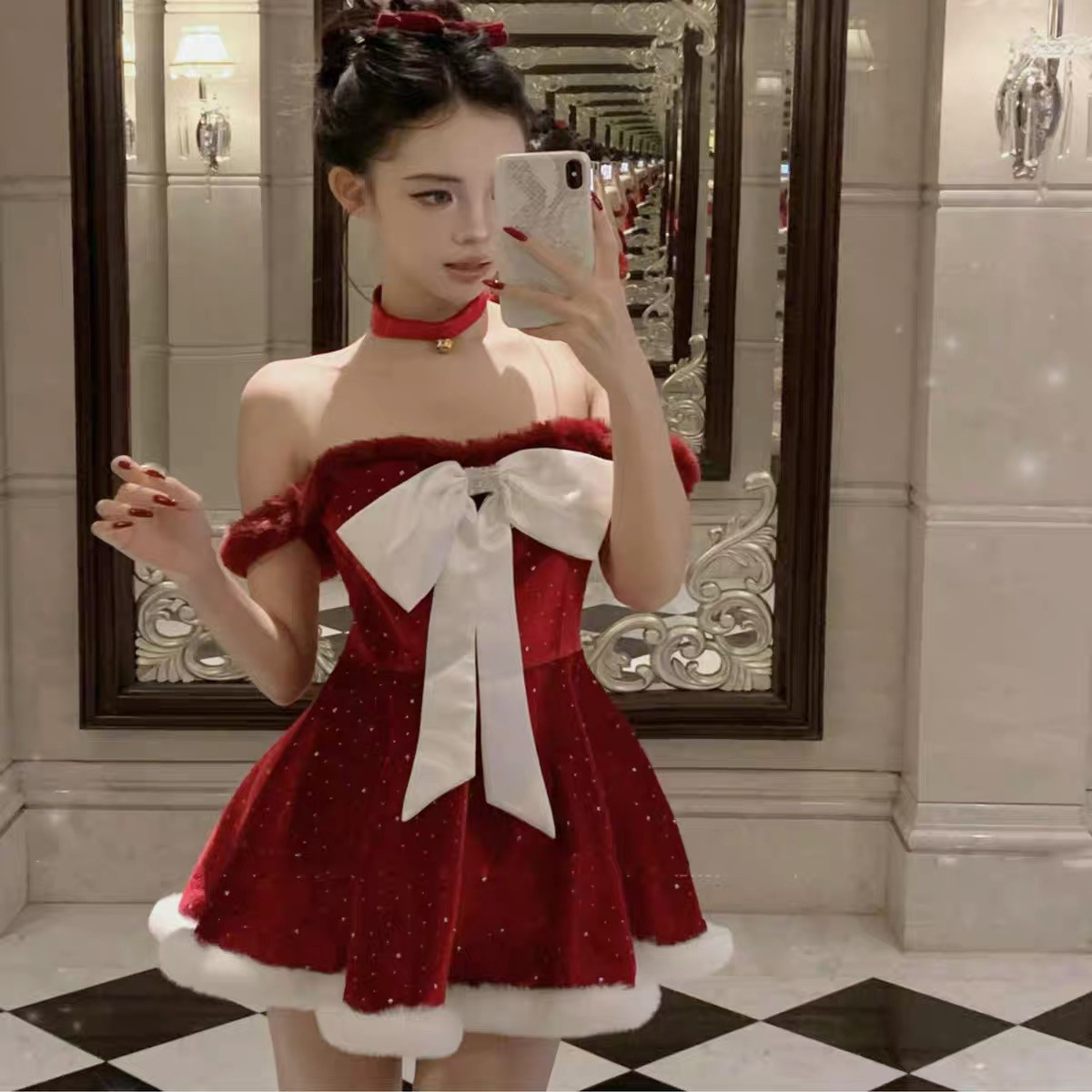 喵喵酱｜珍妮の圣诞夜宴大蝴蝶结抹胸红色闪闪蓬蓬公主裙新年生日