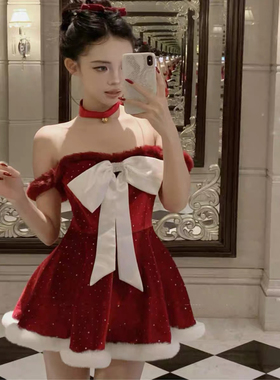 喵喵酱｜珍妮の圣诞夜宴大蝴蝶结抹胸红色闪闪蓬蓬公主裙新年生日
