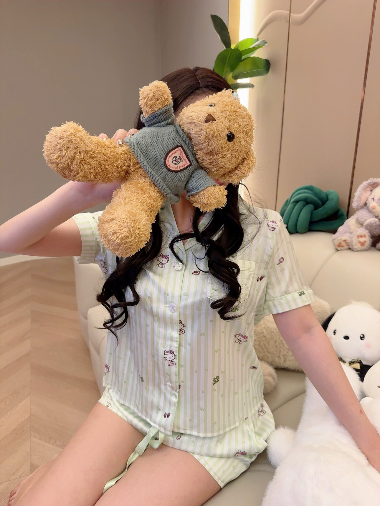 喵喵酱【清新夏日kitty】睡衣女夏冰丝短袖条纹甜美家居服套装