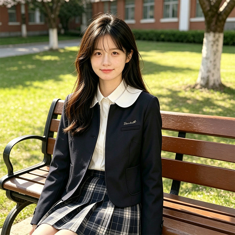 JK制服套装学院风藏青西装外套格纹百褶裙V领衬衫学生校服JK制服