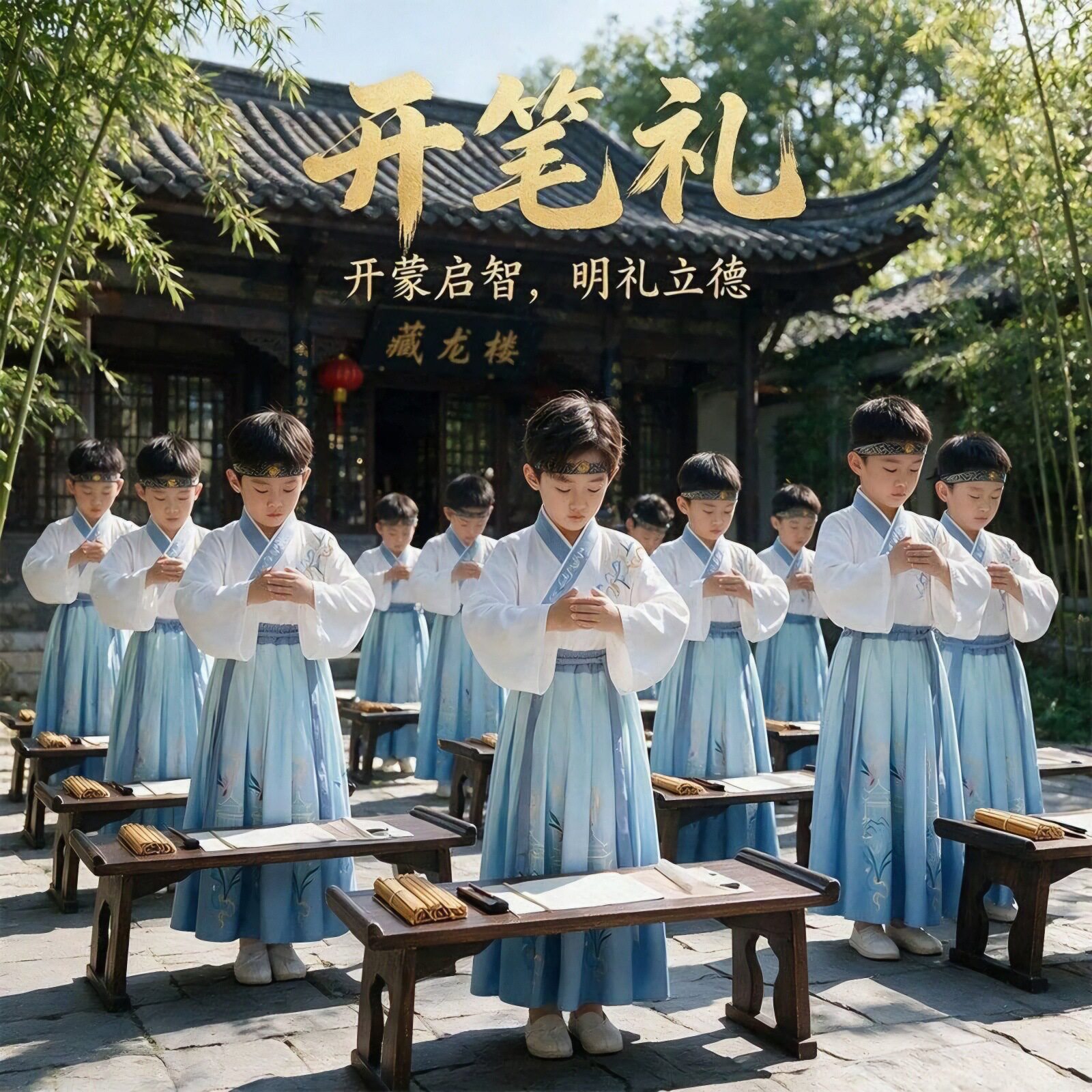儿童汉服国学服古装少爷公子服男童开笔礼三字经朗诵服表演服书童