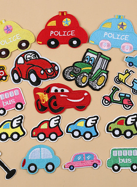 新款可爱卡通小汽车创意刺绣布贴衣服装饰绣花标警车补丁贴
