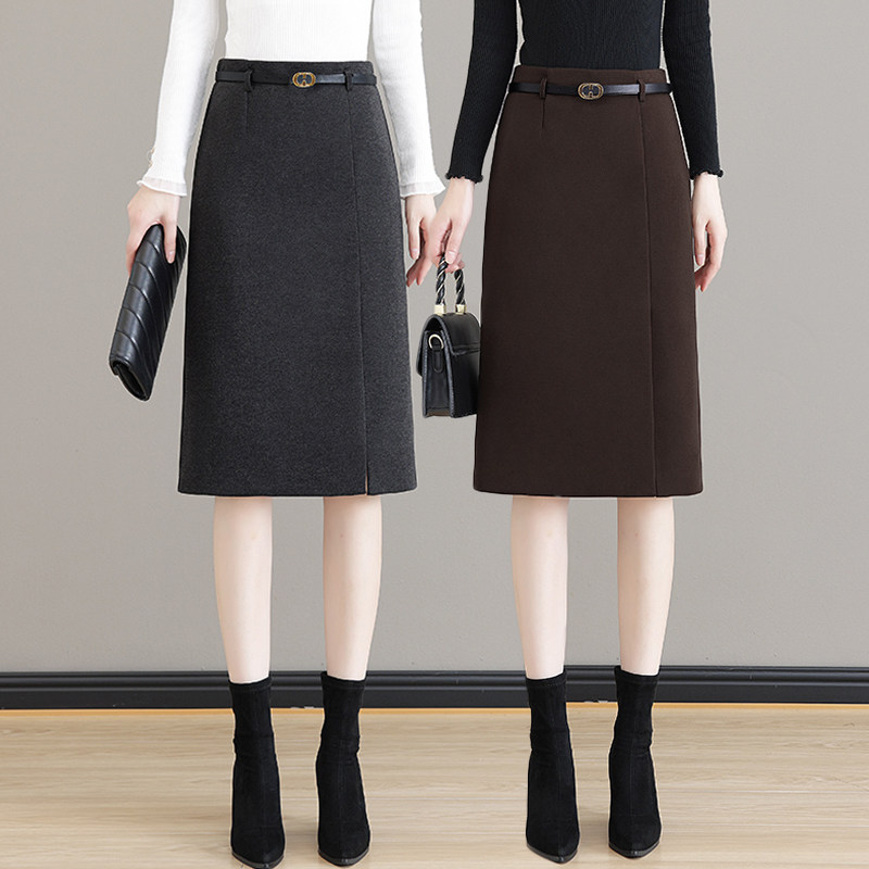 深灰色毛呢半身裙女新款秋冬季高腰中长款开叉一步a字包臀西装裙