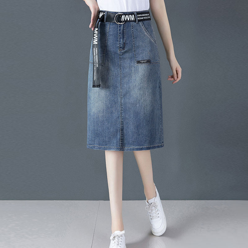 牛仔裙半身裙a字款2022大码春夏中长款高腰过膝后开叉一步包臀裙
