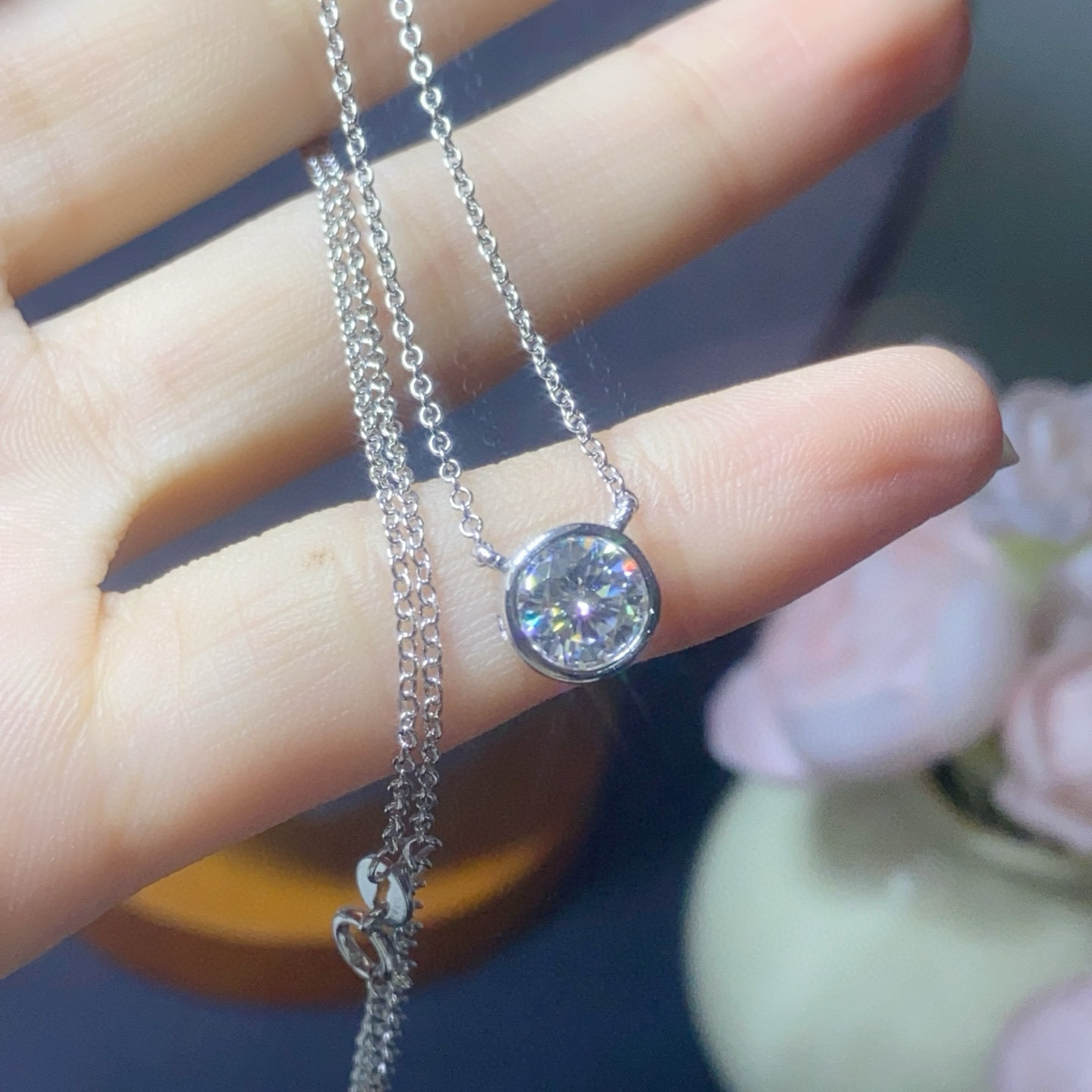 吊坠银托s925银挂坠空台泡泡款 莫桑钻款圆6.5mm锁骨链