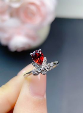realtreasure天然红石榴石戒指925银双色电镀全净体火彩主石5*7