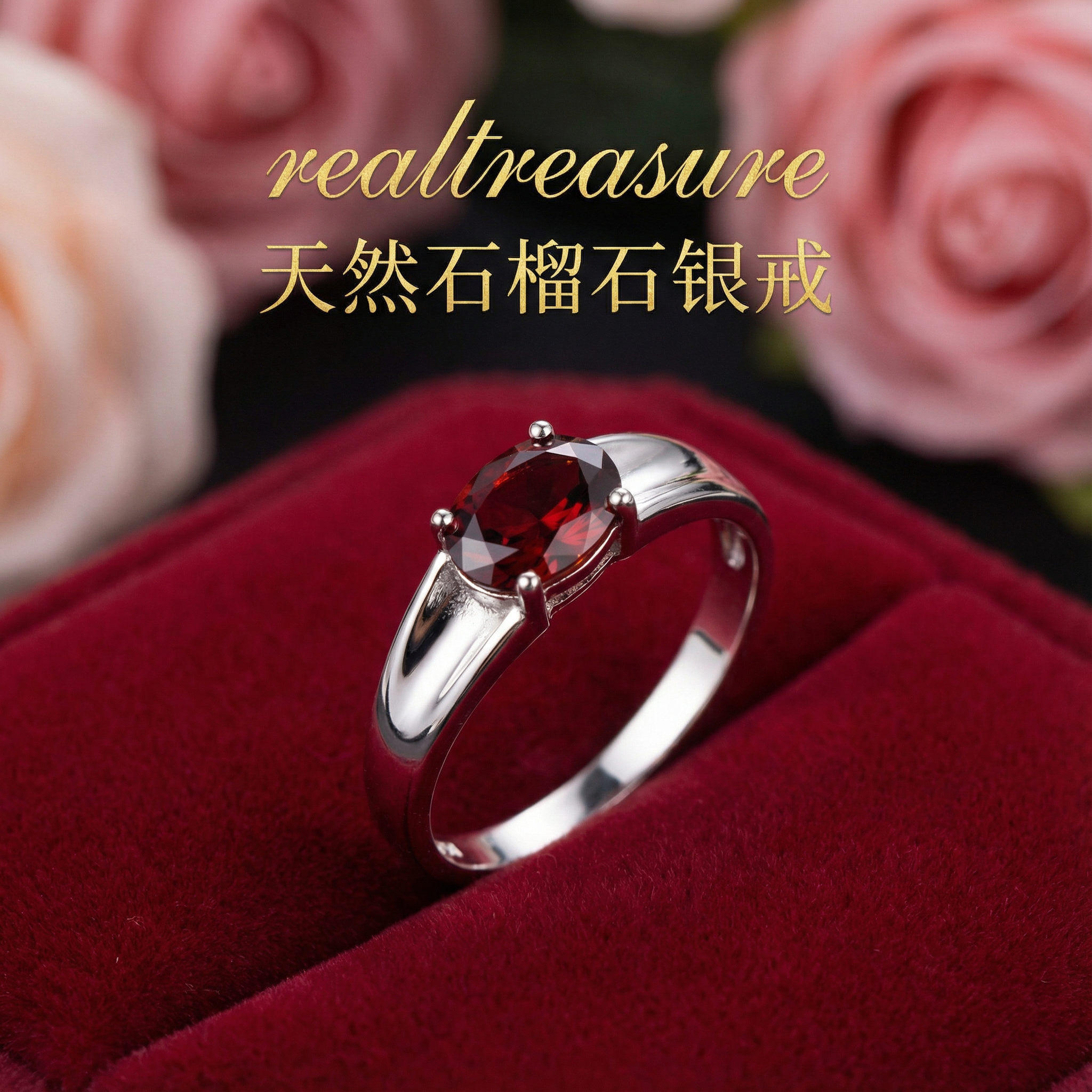realtreasure天然红石榴石戒指 s925纯银镶嵌 全净体 主石6*8mm