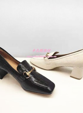 HL17110哈森专柜正品断码深口春秋粗高跟方头马衔扣米白色女皮鞋