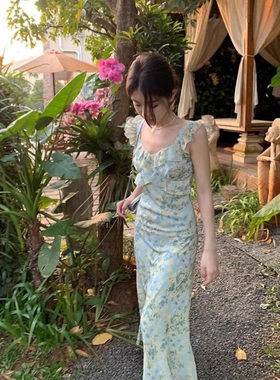 法式少女小飞袖碎花裙加