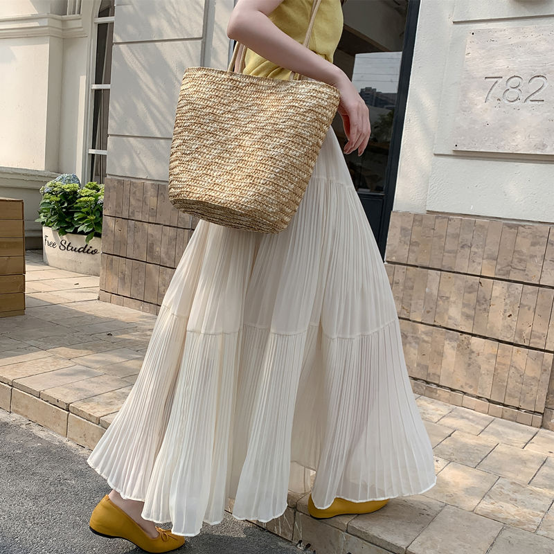 百褶裙女夏季2025新款气质垂感雪纺半身裙宽松大摆a字长裙蛋糕裙