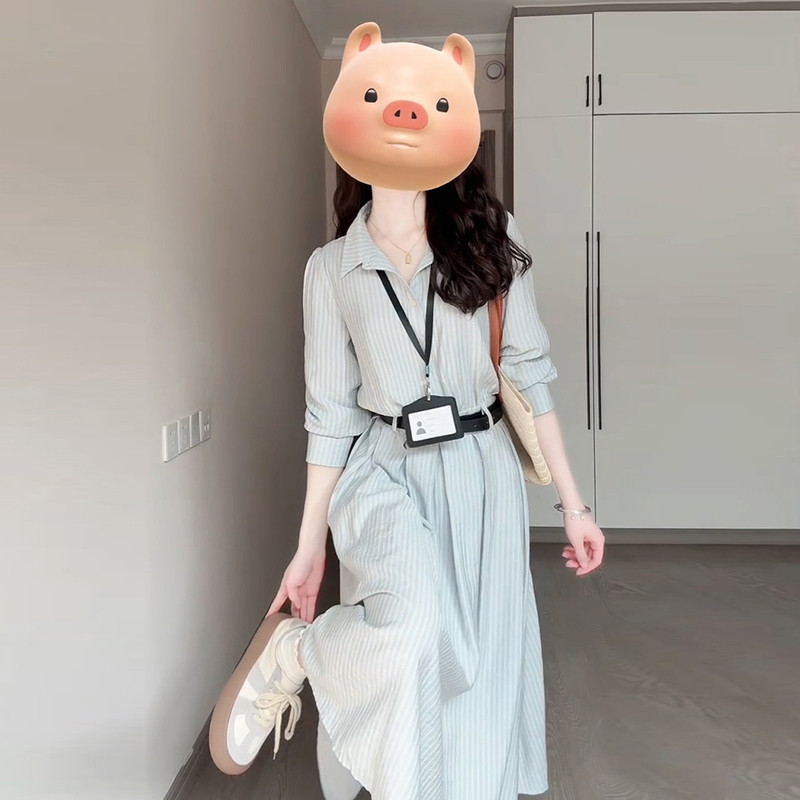 法式蓝色条纹衬衫连衣裙