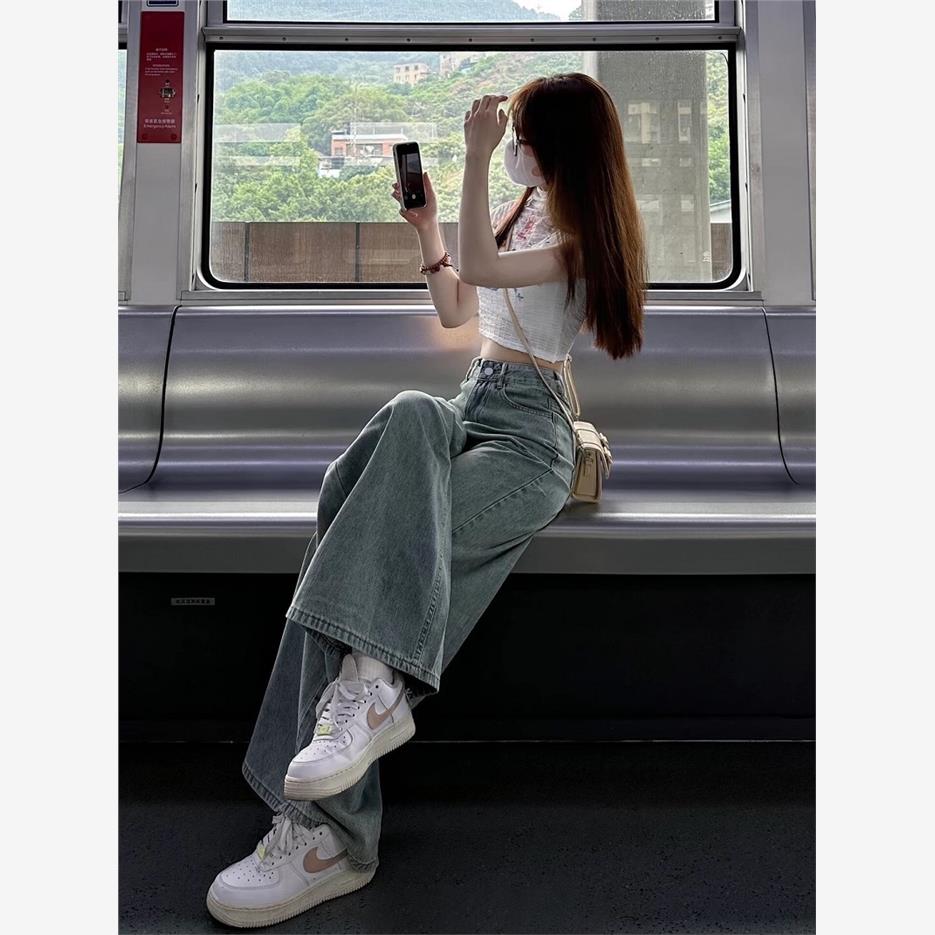 水洗复古阔腿牛仔裤女春